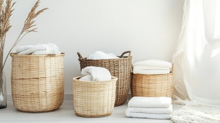 Poster - Wooden Laundry Baskets Filled with White Towels on Minimalistic Background Perfect for Advertising Cleaning Products and Laundry Services