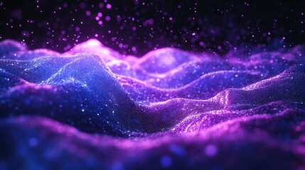 Poster - Vibrant 3D abstract waves in blue and purple hues with glowing particles creating a mesmerizing digital landscape background design.