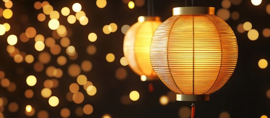 Poster - 3D gold paper lanterns illuminated by bokeh lights with a dark background providing ample space for customizable text or graphics