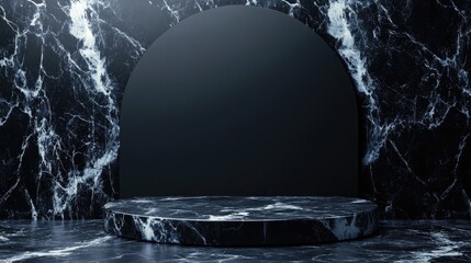 Poster - Elegant 3D Black Marble Texture Background with Smooth Curved Arch for Displaying Products or Artistic Presentations