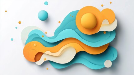 Poster - Vibrant 3D Abstract Paper Cut Design Featuring Waves of Colorful Shapes and Elements on a Clean White Background