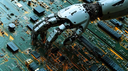 Poster - Robotic hand manipulating components on a detailed circuit board, showcasing the automation of electronics manufacturing and repair in modern technological advancements