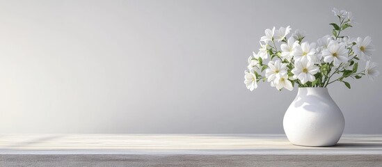 Poster - 3D Illustration of Flower Blossom in Vase on Table with Neutral Background and Empty Space for Text or Design Elements