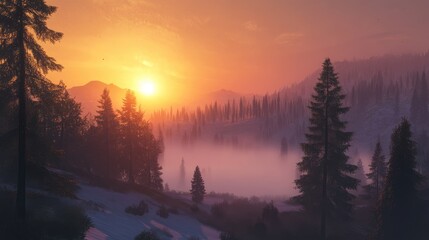 Poster - Serene sunrise with fog enveloping trees creating a tranquil mountainous landscape at dawn