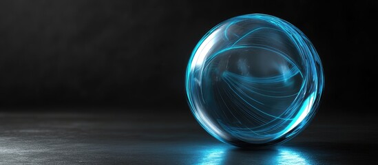 Poster - 3D glass sphere illuminated by blue light beams on a dark background with ample empty space for customizable text and design elements