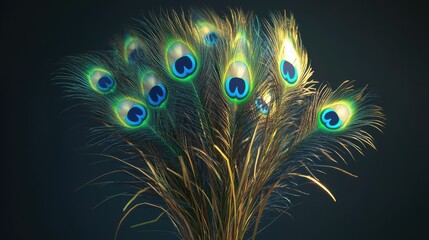 Poster - Vibrant peacock feathers arranged artistically creating an elegant and unique decorative display on a dark background