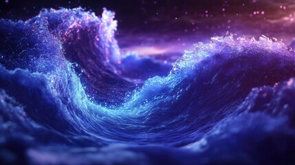 Fototapete - 3D mesmerizing blue and purple wave design with glowing particles creating an ethereal abstract oceanic scene for creative projects
