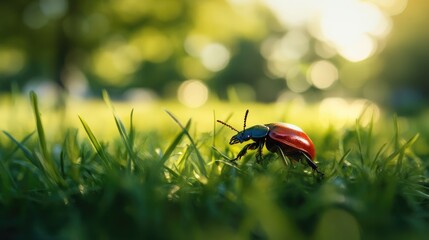 Aufkleber - Colorful beetle crawling on green grass with a soft bokeh background in a natural outdoor setting during the golden hour sunlight