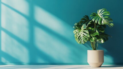 Wall Mural - Modern living room with fresh monstera plant in beige pot against vibrant blue wall geometric shapes and bright empty space for design