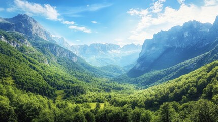 Poster - Lush green forests and towering mountains create a breathtaking landscape beneath a vibrant blue sky in this serene nature scene