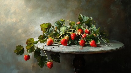 Aufkleber - Strawberry vine elegantly draped on a rustic wooden table showcasing vibrant red berries and lush green leaves in warm lighting.