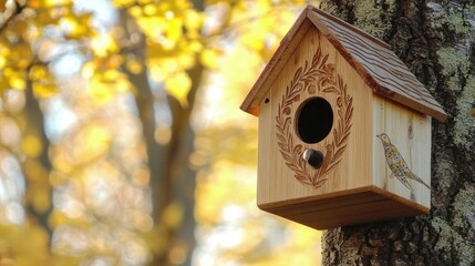 Aufkleber - Wooden birdhouse adorned with intricate carvings hanging on a sycamore maple tree in an autumn forest setting.