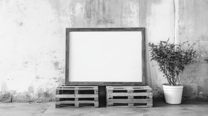 Poster - Minimalist Scandinavian Style Living Room with Empty Picture Frame and Pallet Furniture for Economic Stimulus Concept and Product Copy Space