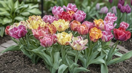 Poster - Vibrant multicolored tulips blooming in a lush garden setting showcasing spring beauty and natural elegance