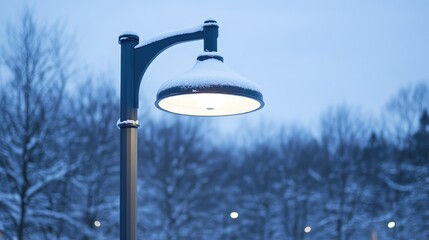 Poster - Snow-covered street lamp illuminating winter landscape at dusk with trees in the background creating a serene and peaceful atmosphere