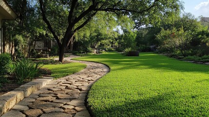Poster - Stone pathway winding through lush green lawn in serene garden landscape with trees and landscaped edges. Ideal for outdoor relaxation scenes.
