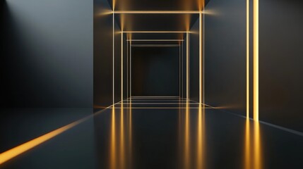 Fototapete - 3D Abstract Border with Reflective Surfaces and Illuminated Lines in a Dark Space Environment