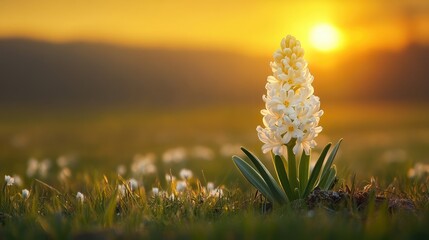 Poster - Delicate white hyacinth flower blooming in springtime at sunset with a blurred meadow background and soft golden light.
