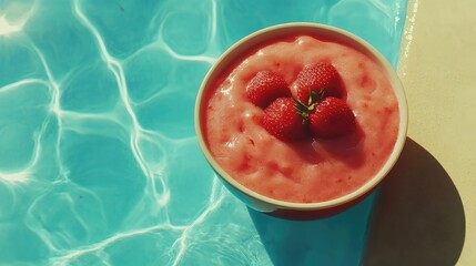 Poster - Refreshing strawberry smoothie bowl with fresh strawberries placed on top against a bright swimming pool backdrop. Perfect summer breakfast.