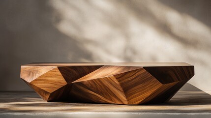 Poster - Elegant wooden desktop with geometric design showcasing natural textures and warm tones in a minimalist studio setting.