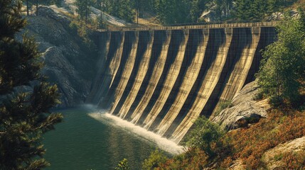 Aufkleber - Majestic dam structure reflecting serene waters surrounded by lush greenery and rugged terrain in a tranquil natural setting