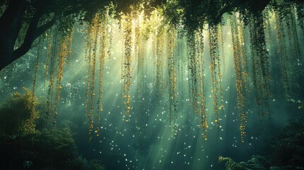 Poster - Lush green forest with sunlight filtering through hanging vines creating a serene and artistic atmosphere in nature