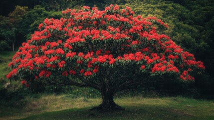 Poster - Majestic Rhododendron tree in full bloom showcasing vibrant red flowers in a lush green park setting. Perfect for nature photography collections.