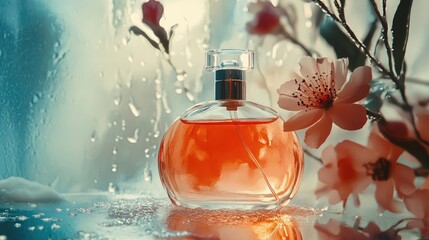 Poster - Elegant perfume bottle surrounded by delicate flowers and droplets, showcasing a serene and refreshing aesthetic in a studio setting.