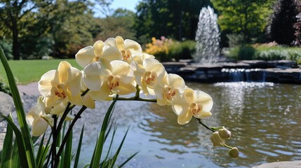 Poster - Orchids blooming gracefully by a tranquil pond in a lush green park with a fountain in the background on a sunny day.