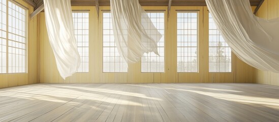 Poster - Spacious yellow barn interior with large windows and flowing white curtains creating a serene atmosphere ideal for events or creative spaces
