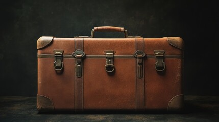 Poster - Vintage leather travel case on a dark background highlighting craftsmanship and nostalgia for stylish travel and adventure.