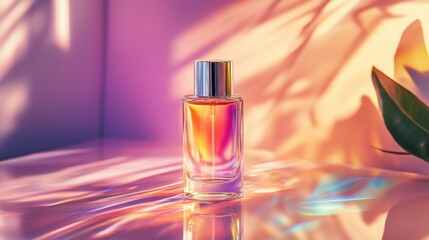 Aufkleber - Elegant perfume bottle showcasing colorful reflections and soft shadows in a minimalist studio setting.