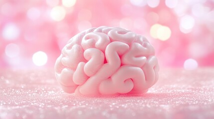 Poster - 3D brain model with soft pink texture and dreamy bokeh background for artistic representation of cognitive exploration and neuroscience themes