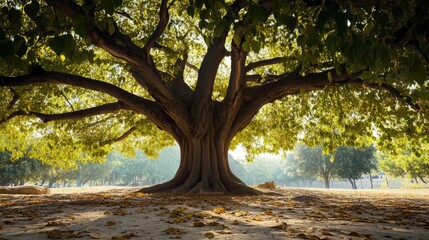 Aufkleber - Majestic large tree with expansive branches casting shadows on a serene ground in a peaceful natural setting