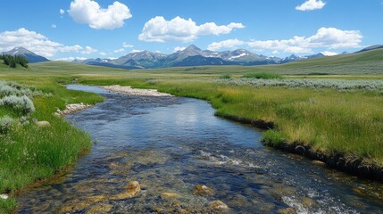 Poster - Serene mountain stream flowing through lush green valleys under a bright blue sky and picturesque clouds in a tranquil landscape.