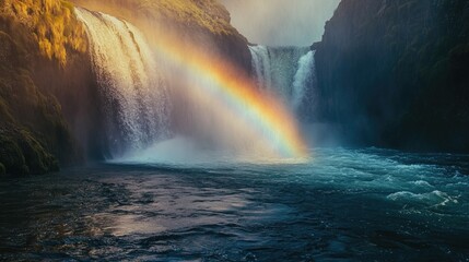 Poster - Majestic waterfall cascading into a river surrounded by mountains creating vibrant rainbows in a serene natural landscape