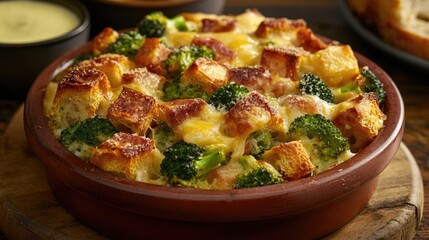 Poster - Broccoli and Cheese Strata Casserole Baked with Bread Topping in Rustic Dish on Wooden Table