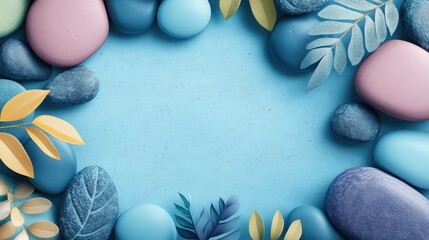 Poster - Colorful Stones and Leaves Framing a Blue Abstract Background Ideal for Digital Art and Design Projects
