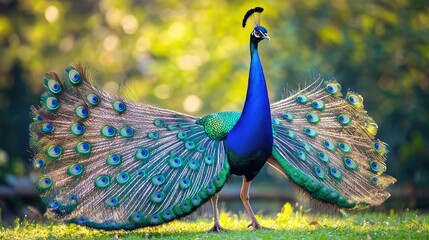 Poster - Majestic peafowl displaying vibrant iridescent tail feathers with eye-catching spots showcasing nature's stunning beauty in a lush setting