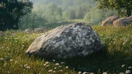 Poster - Large moss-covered stone on a vibrant green glade surrounded by wildflowers in a serene summer landscape.