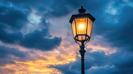 Poster - historic street light against a dramatic sunset sky illuminating the surrounding clouds with a warm,