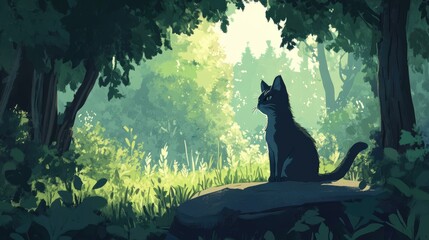 Aufkleber - Stray cat sitting on a rock in a lush green forest surrounded by sunlight and foliage creating a serene and peaceful atmosphere.