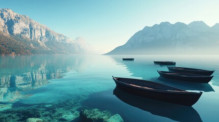 Poster - Tranquil mountain lake with calm clear water and boats reflecting serene landscape in soft morning light