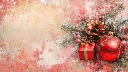 Aufkleber - Christmas-themed abstract background with festive decorations including a gift, pine cone, and red ornament on a textured coral backdrop