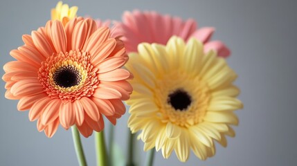 Aufkleber - Bright studio arrangement of vibrant gerbera daisies in shades of orange yellow and pink against a soft neutral background.