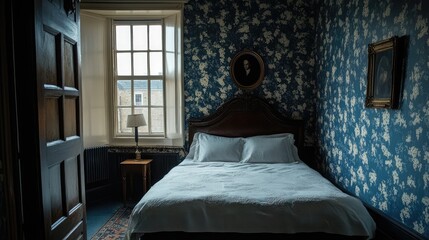Leinwandbilder - cozy bedroom featuring blue and white floral wallpaper with vintage decor and natural light streamin
