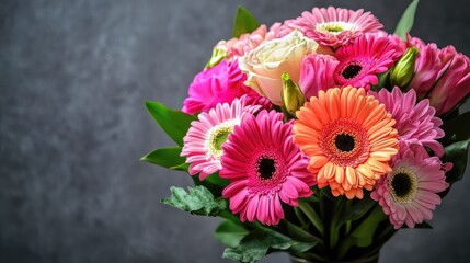 Aufkleber - Vibrant bouquet featuring pink and orange gerbera daisies with lush greenery against a textured gray background in a studio setting