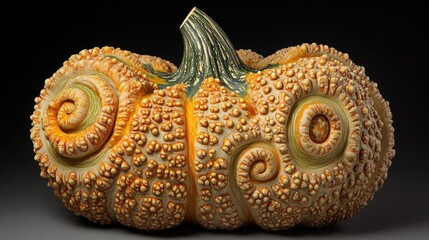 Poster - Unique textured squash with intricate patterns and vibrant colors against a dark background highlighting its distinctive shape and design.