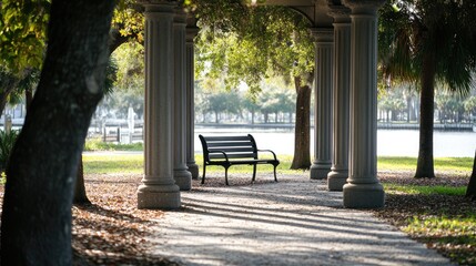 Poster - Serene bench nestled between columns in a picturesque waterfront park surrounded by lush trees and shimmering water.