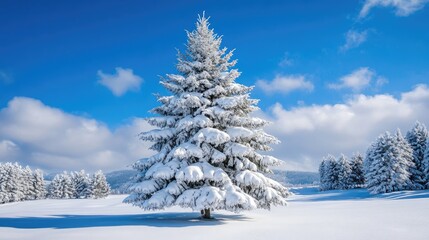 Aufkleber - Snowy pine tree in winter landscape with vibrant blue skies and fluffy clouds showcasing a serene seasonal scene